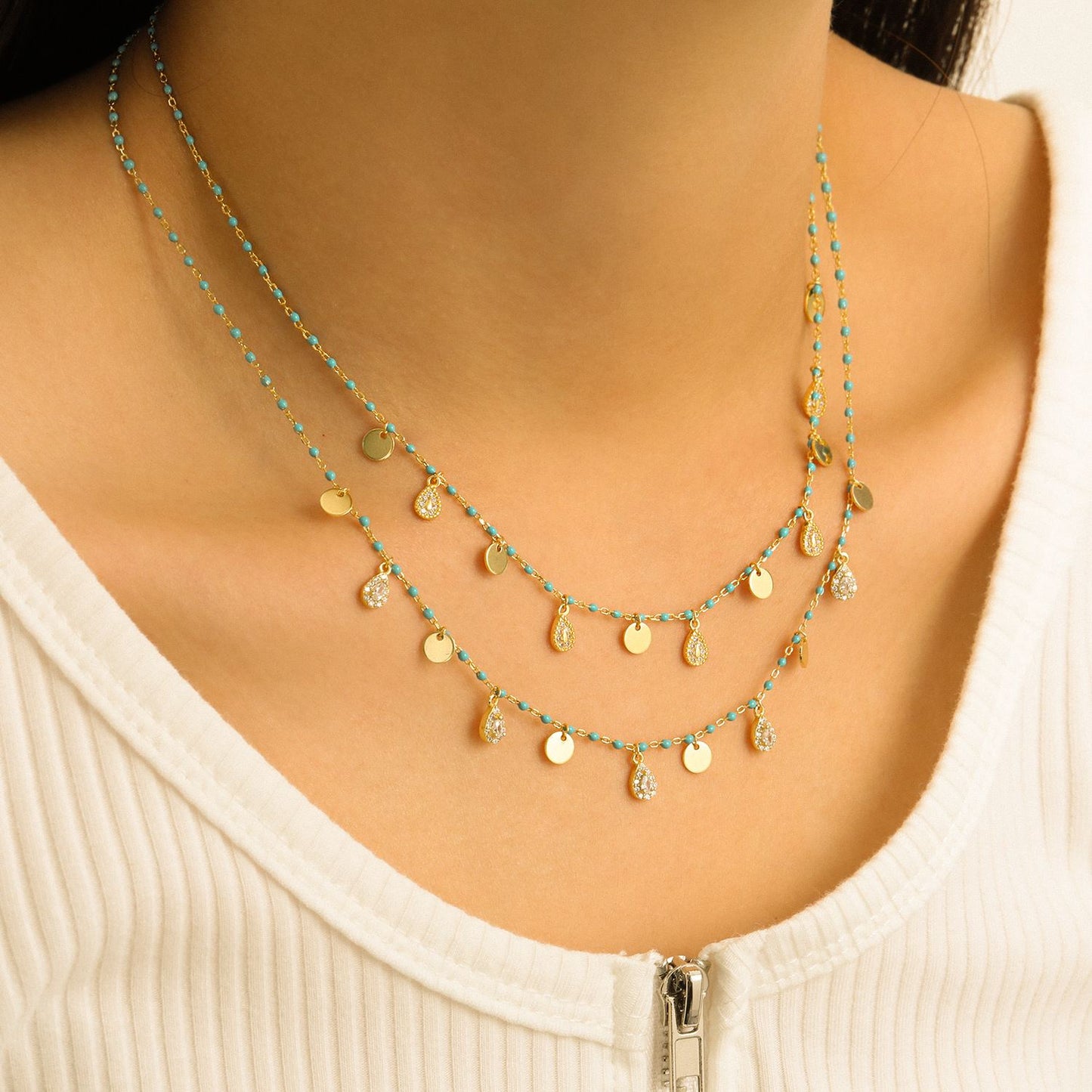 Blue enamel beaded necklace with cubic zirconia
